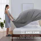 Woman adjusting a fitted sheet on a bed with text about easy care properties.