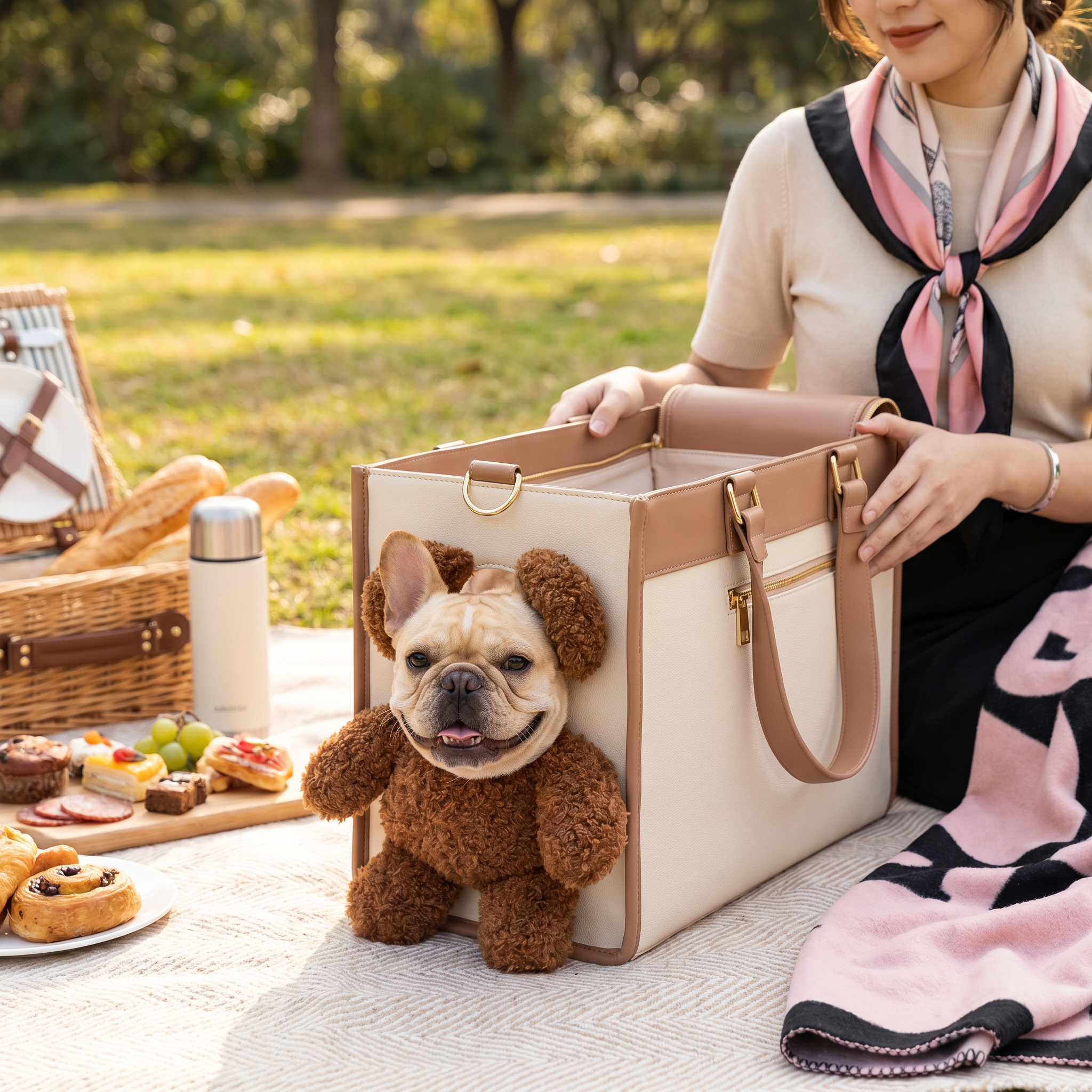 Person with a dog in a pet carrier at a picnic in a park