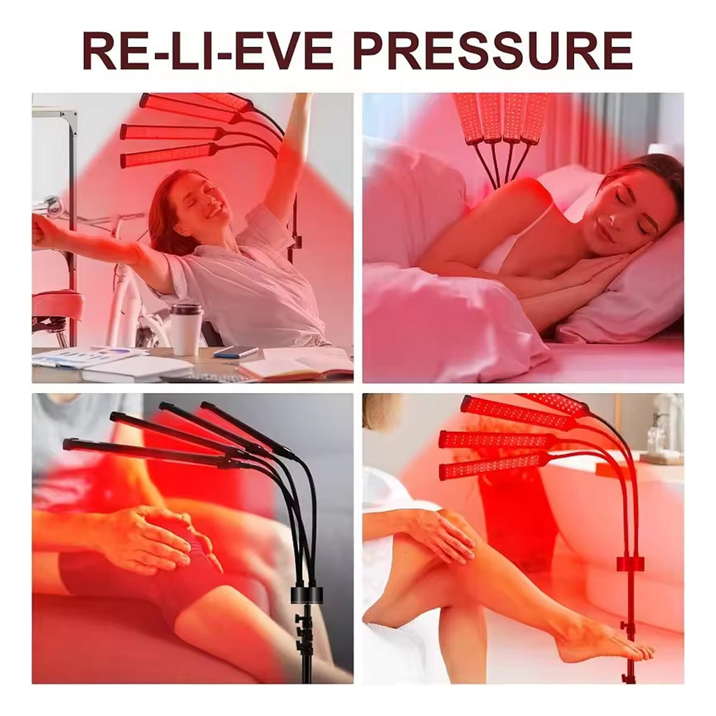 Collage of a person using a red light therapy device in various settings with text 'RE-LI-EVE PRESSURE'.