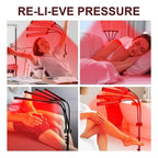 Collage of a person using a red light therapy device in various settings with text 'RE-LI-EVE PRESSURE'.