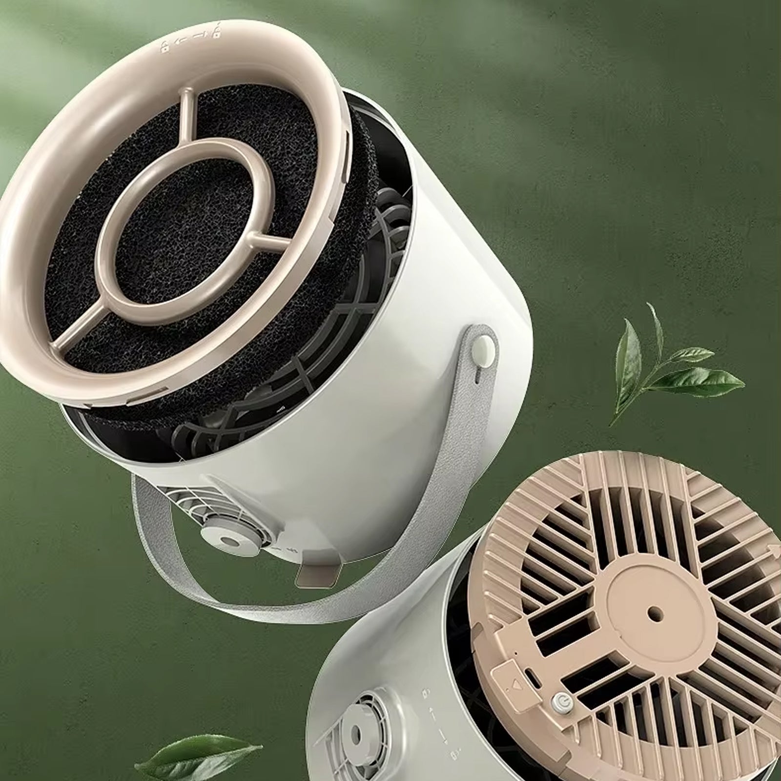 Two air filter components on a green background with leaves.