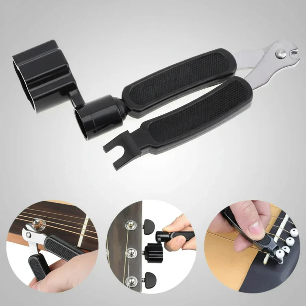 Guitar tool set with black components on a gray background