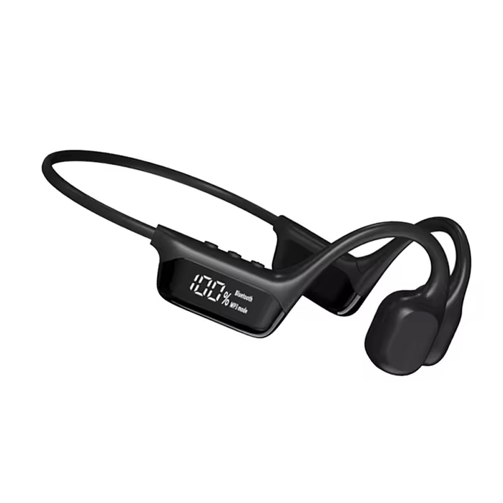 Black wireless earbud headsets on a white background