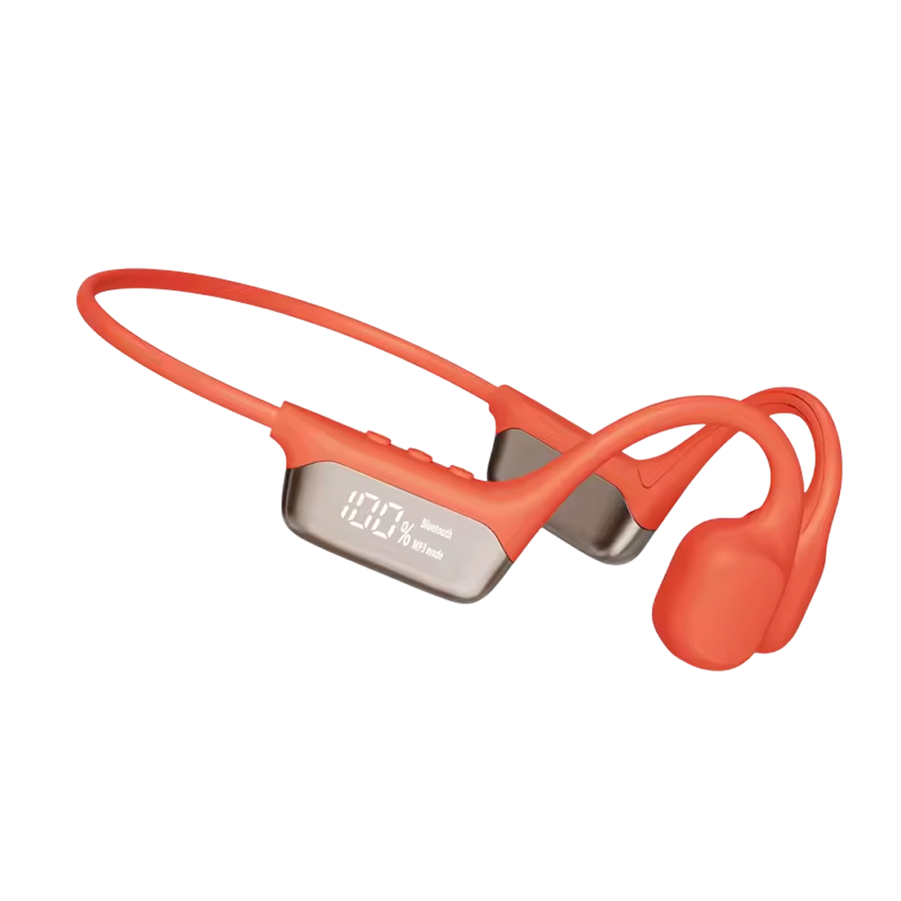Orange wireless earbuds with a digital display on a white background