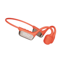Orange wireless earbuds with a digital display on a white background
