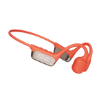 Orange wireless earbuds with a digital display on a white background