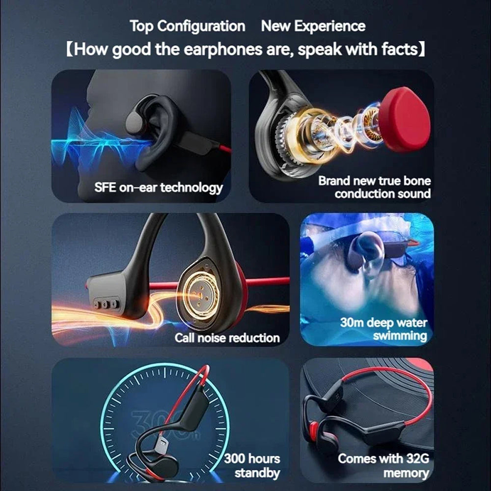 Promotional graphic of earphones with features highlighted on a dark background