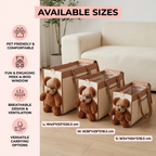Three pet carriers with teddy bears inside, displayed on a wooden floor with a couch and plant in the background.