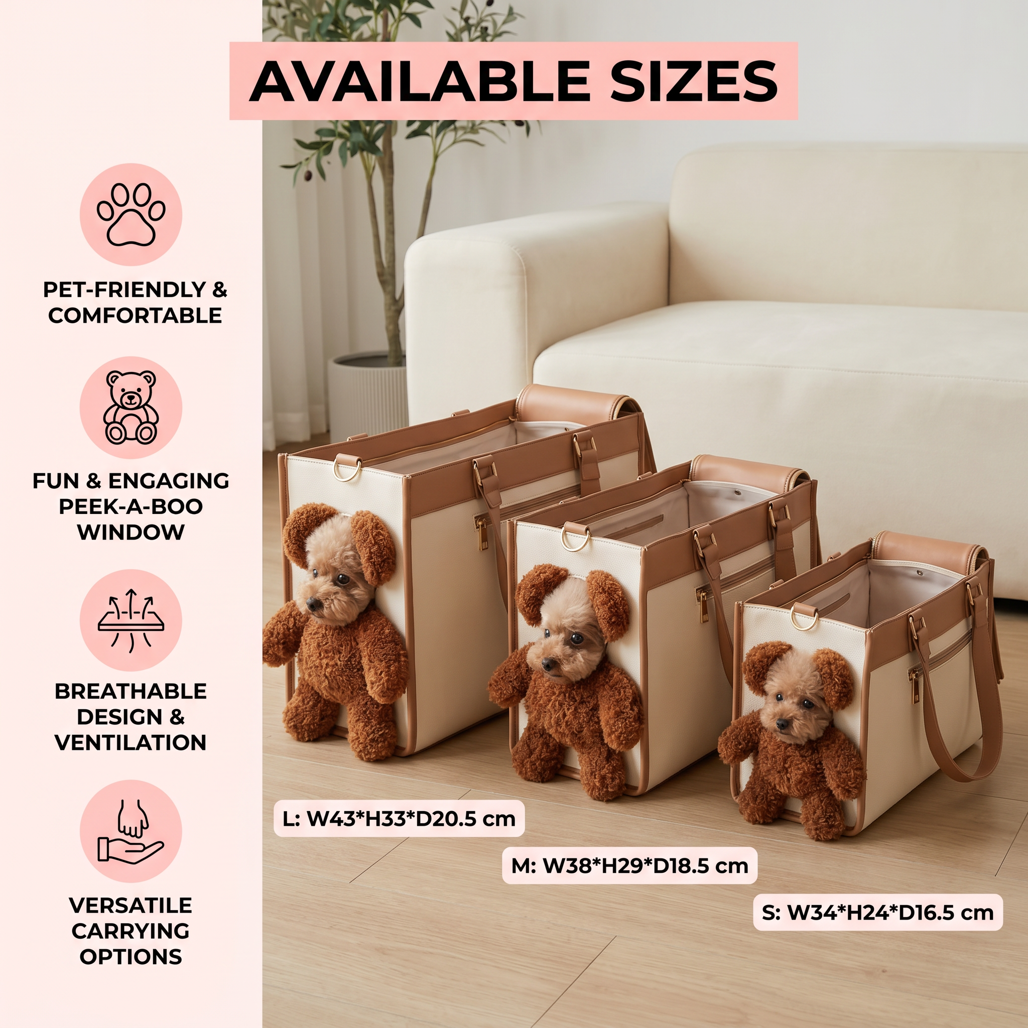 Three pet carriers with teddy bears inside, displayed on a wooden floor with a couch and plant in the background.
