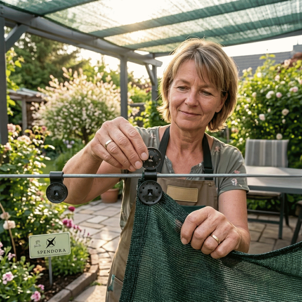 Woman in a garden holding a green hammock with a blurred background of plants and a gazebo.
