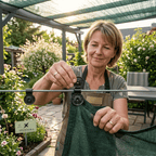 Woman in a garden holding a green hammock with a blurred background of plants and a gazebo.
