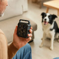 Person holding a black electronic device with a dog in the background