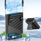 Black electronic device with cooling system on a blue and white background