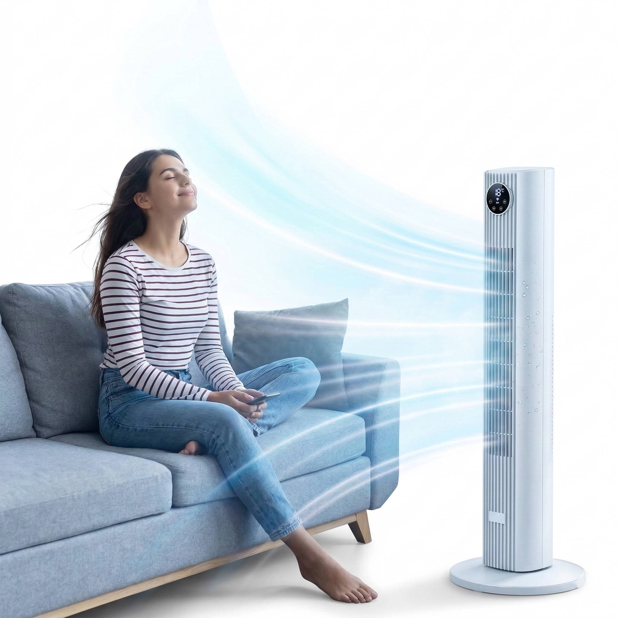 Woman sitting on a couch with a tower fan blowing air towards her
