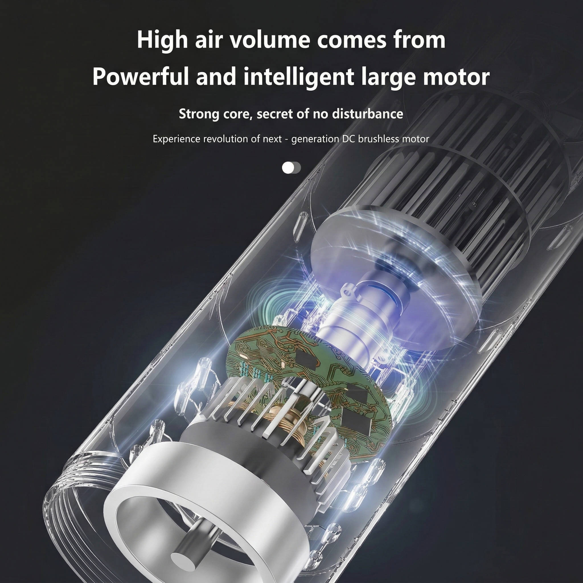 Close-up of a large motor with text highlighting its power and intelligence.