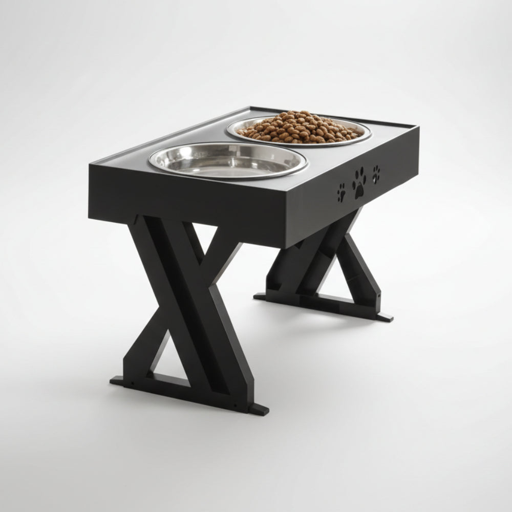 Pet feeding station with two bowls on a black stand against a white background