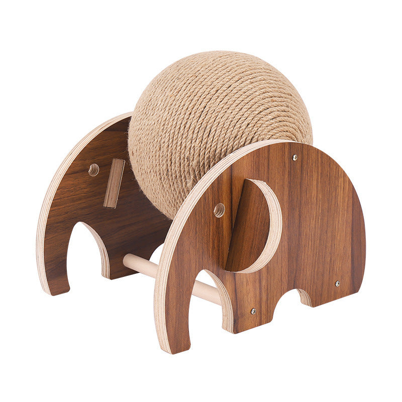 Wooden elephant-shaped cat toy with a sisal rope on a white background