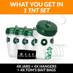TNT set with four jars, hangers, and bait bags on a white background
