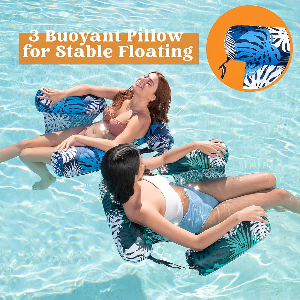 Two people lying on buoyant pillows in a pool with text '3 Buoyant Pillow for Stable Floating'.