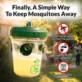 Mosquito repeller product with promotional text in a garden setting