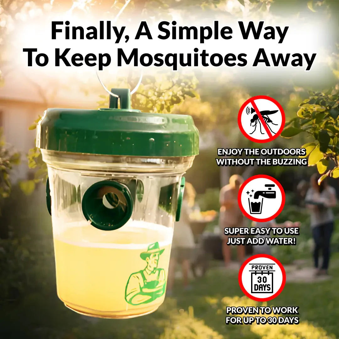 Mosquito repeller product with promotional text in a garden setting