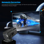 Projector displaying a motorcycle on a screen with automatic correction feature highlighted.