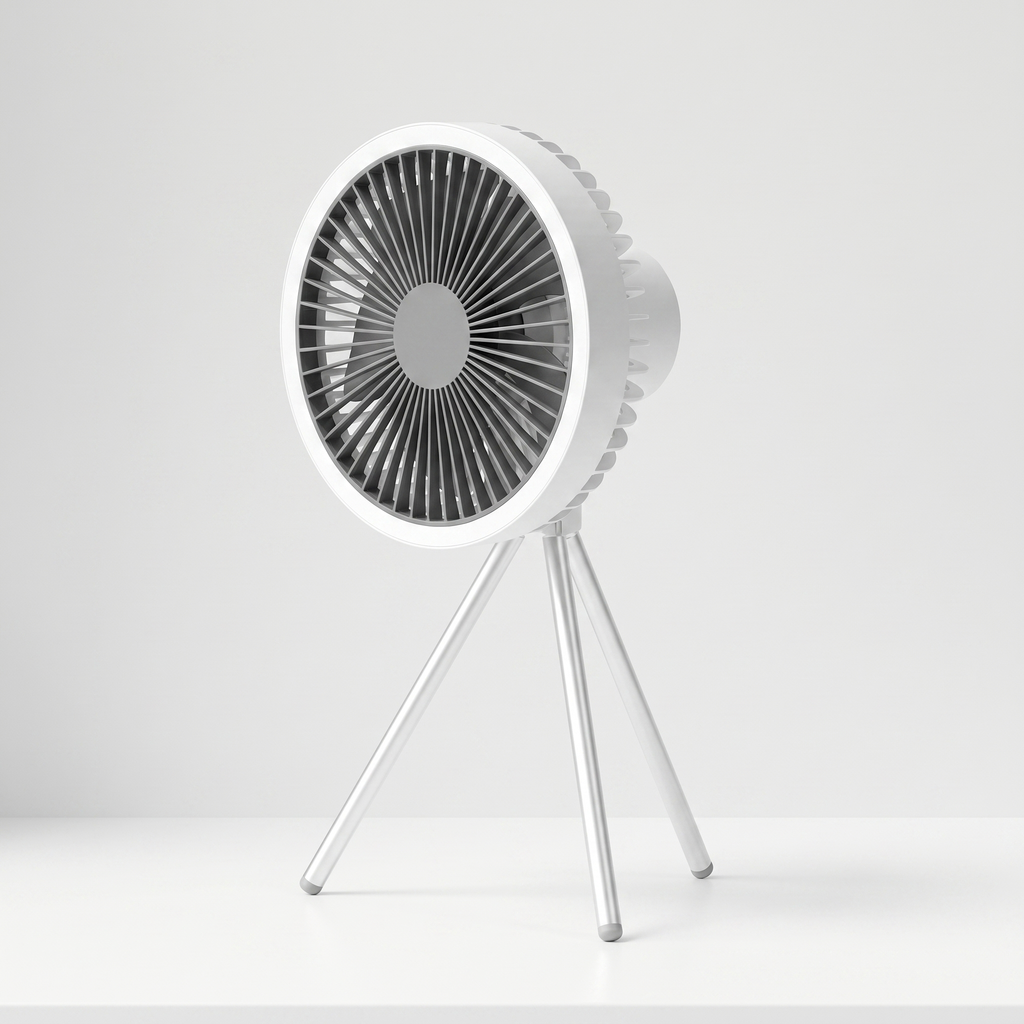 White portable fan on a light gray background