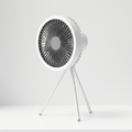 White portable fan on a light gray background