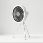 White portable fan on a light gray background