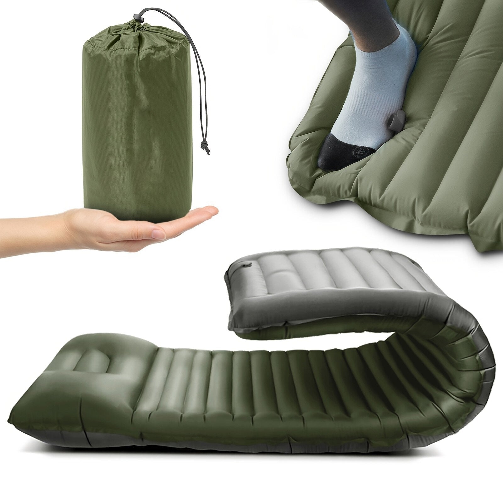 Green inflatable camping mattress shown in various stages of use and storage.