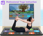 Woman practicing yoga on a mat with a screen displaying yoga instructions in the background.