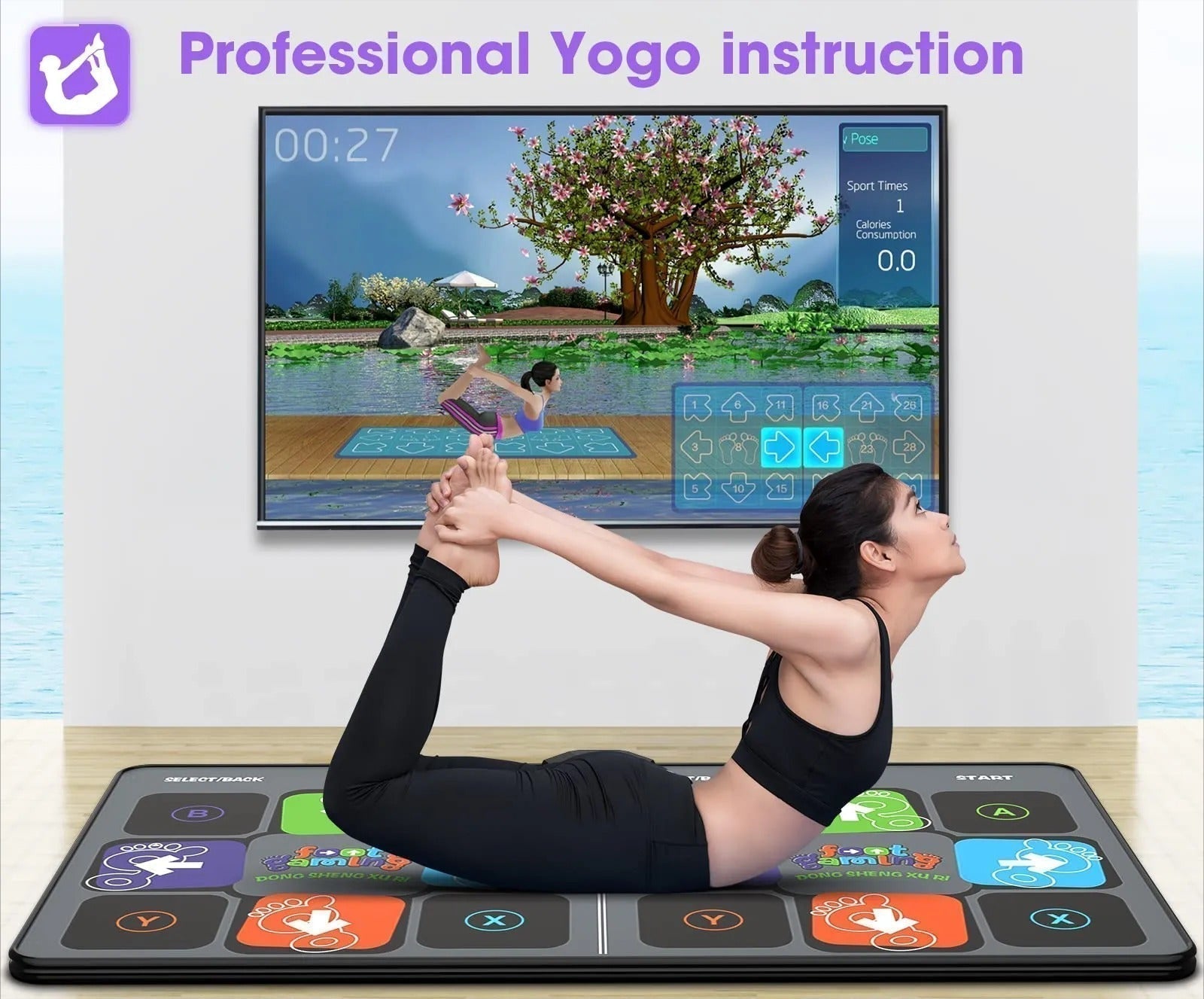 Woman practicing yoga on a mat with a screen displaying yoga instructions in the background.