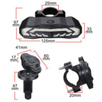Black bike light with measurements on a white background