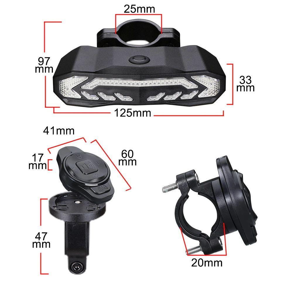 Black bike light with measurements on a white background