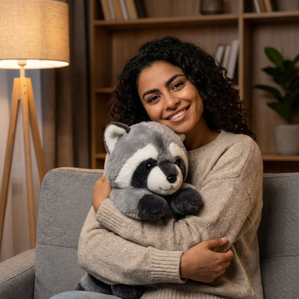 Woman holding a raccoon plush toy in a cozy living room.