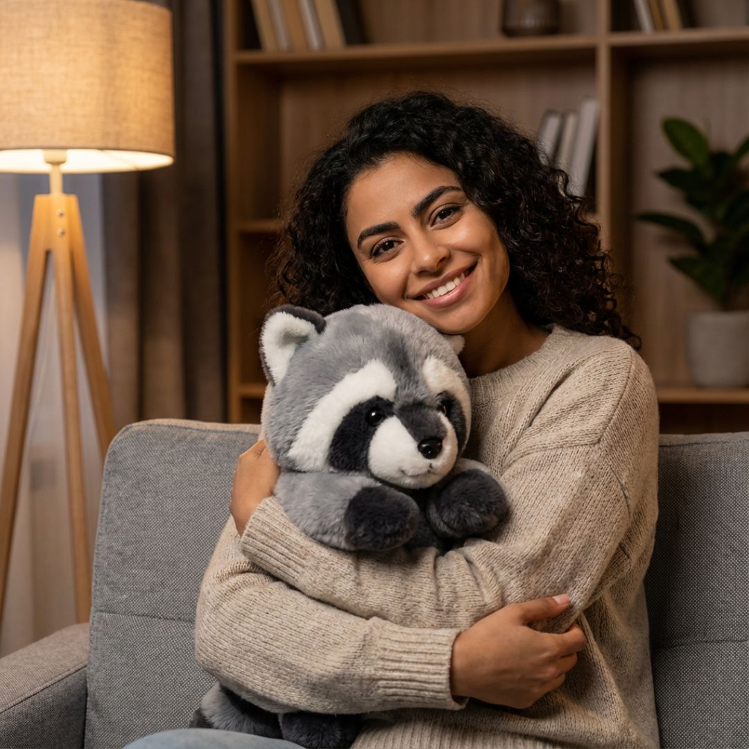 Woman holding a raccoon plush toy in a cozy living room.