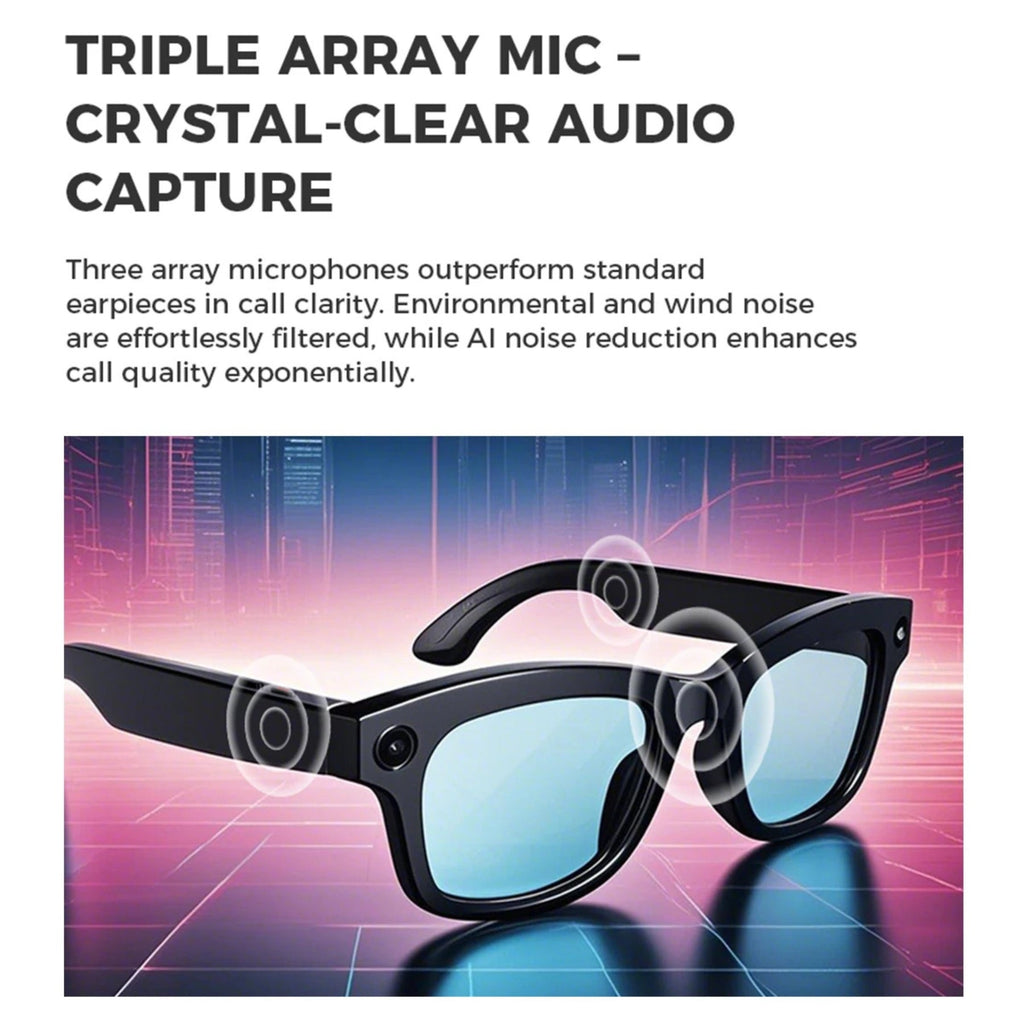 Sunglasses with triple array mic technology on a futuristic background
