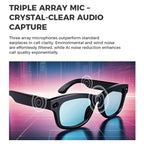 Sunglasses with triple array mic technology on a futuristic background