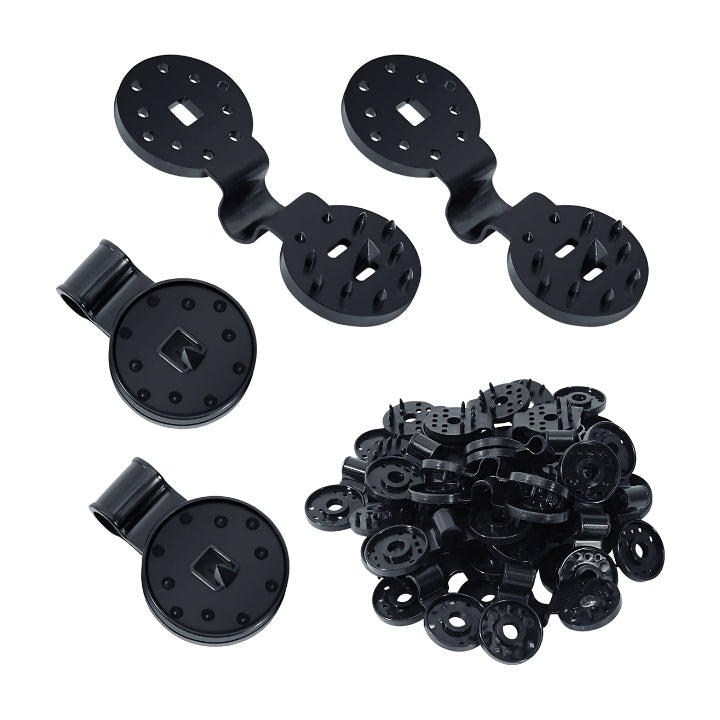 Black plastic components on a white background