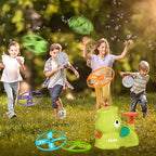 Children playing with bubble toys in a grassy outdoor setting
