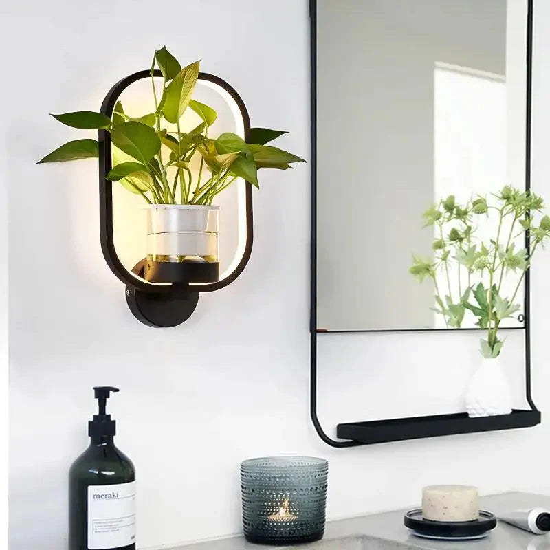 LED Plant Wall Light with Glass Vase | Warm Backlight, Metal Frame