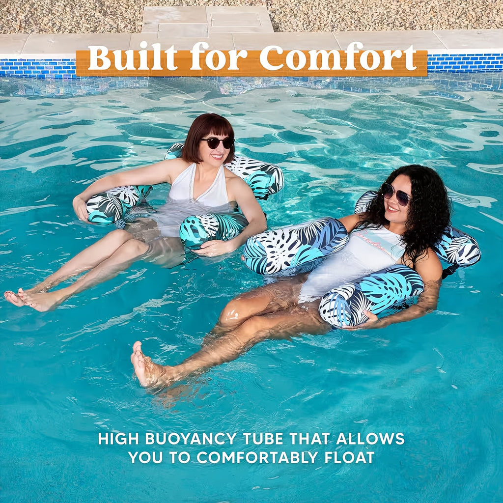 Two women relaxing on inflatable tubes in a pool with text 'Built for Comfort' and 'High Buoyancy Tube'.