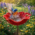 Bird splashing in a red birdbath with flowers and bees in the background