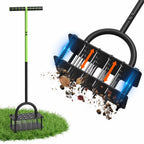 Garden rake with a stand on grass, showing dirt being collected.