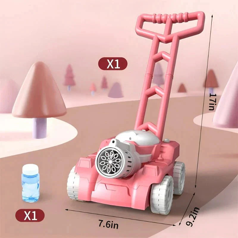 Pink toy lawn mower with a bottle on a pink landscape background
