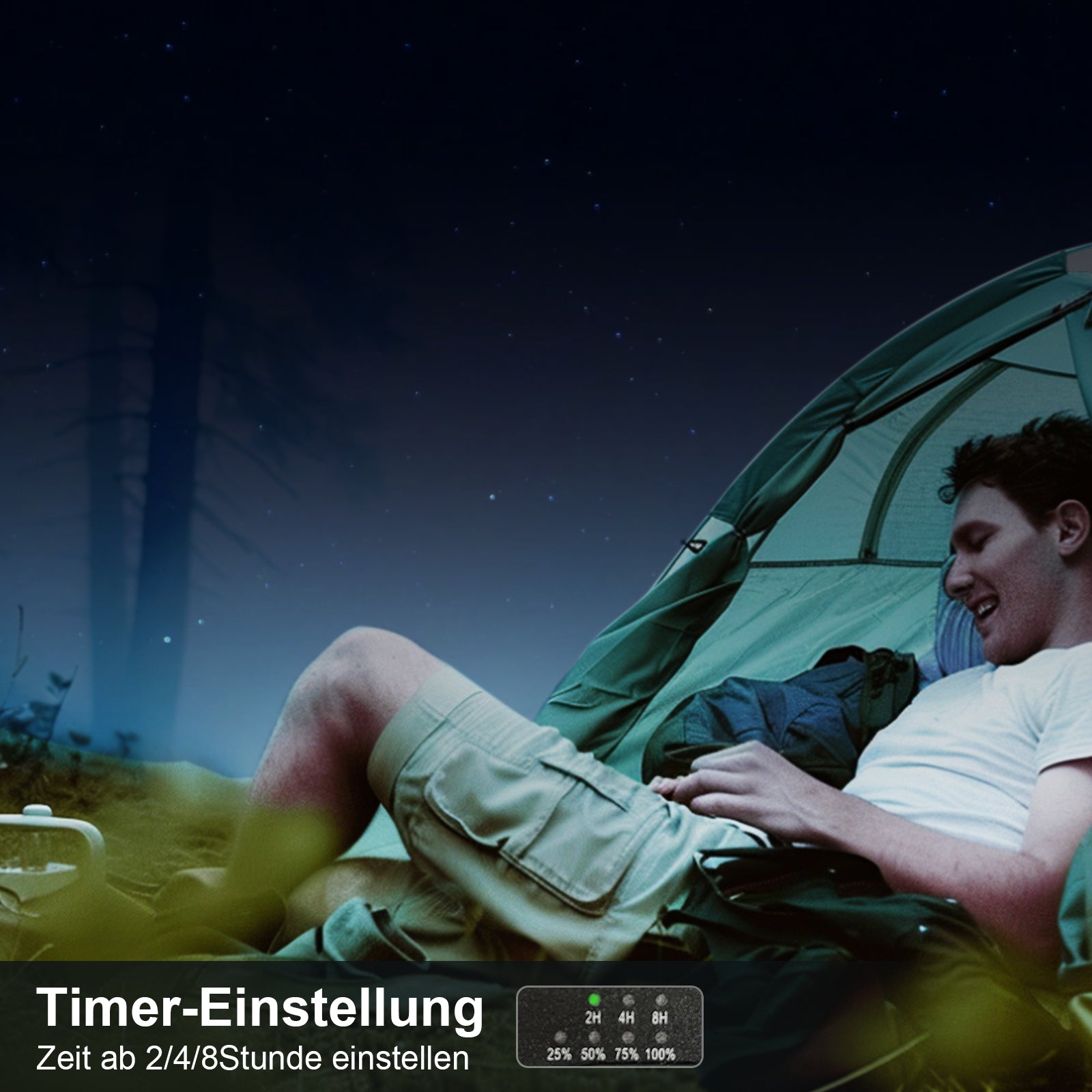 Person sitting outside a tent under a starry sky with a timer overlay on the screen.