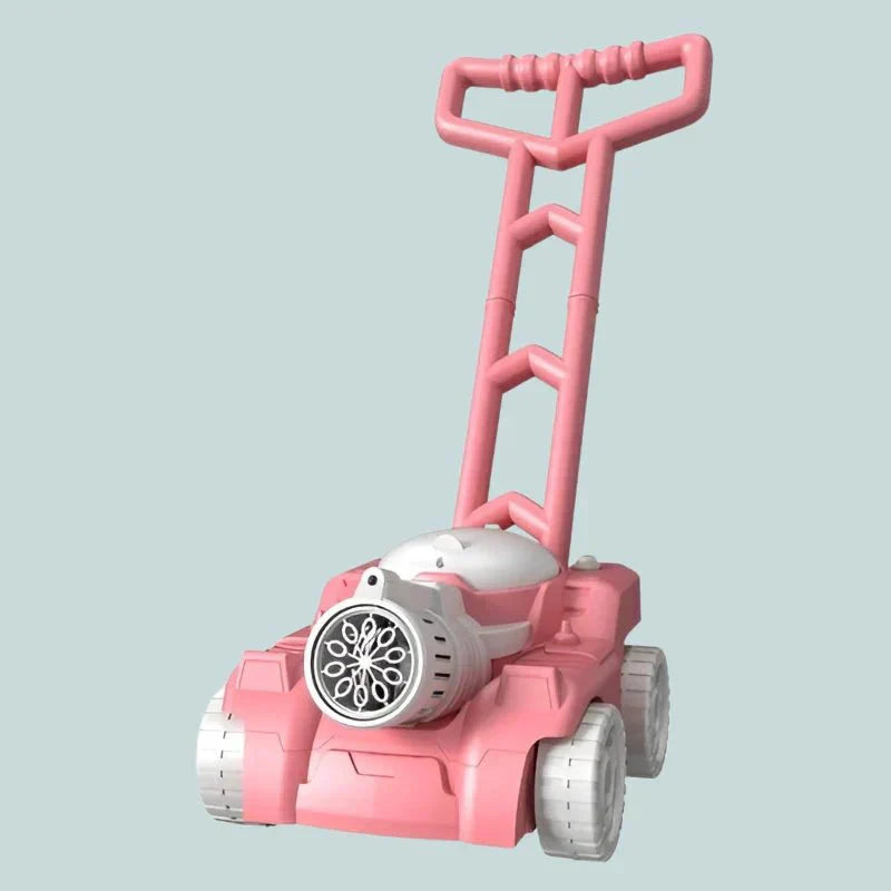 Pink toy lawn mower with a gray background