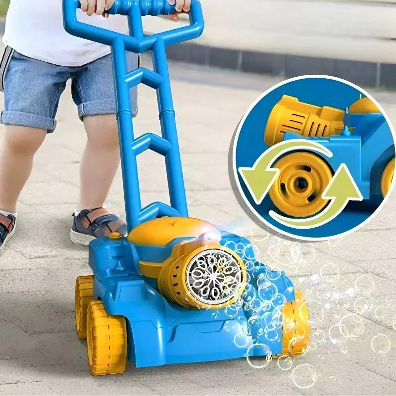 Child pushing a blue and yellow toy lawn mower with a close-up of its wheels.