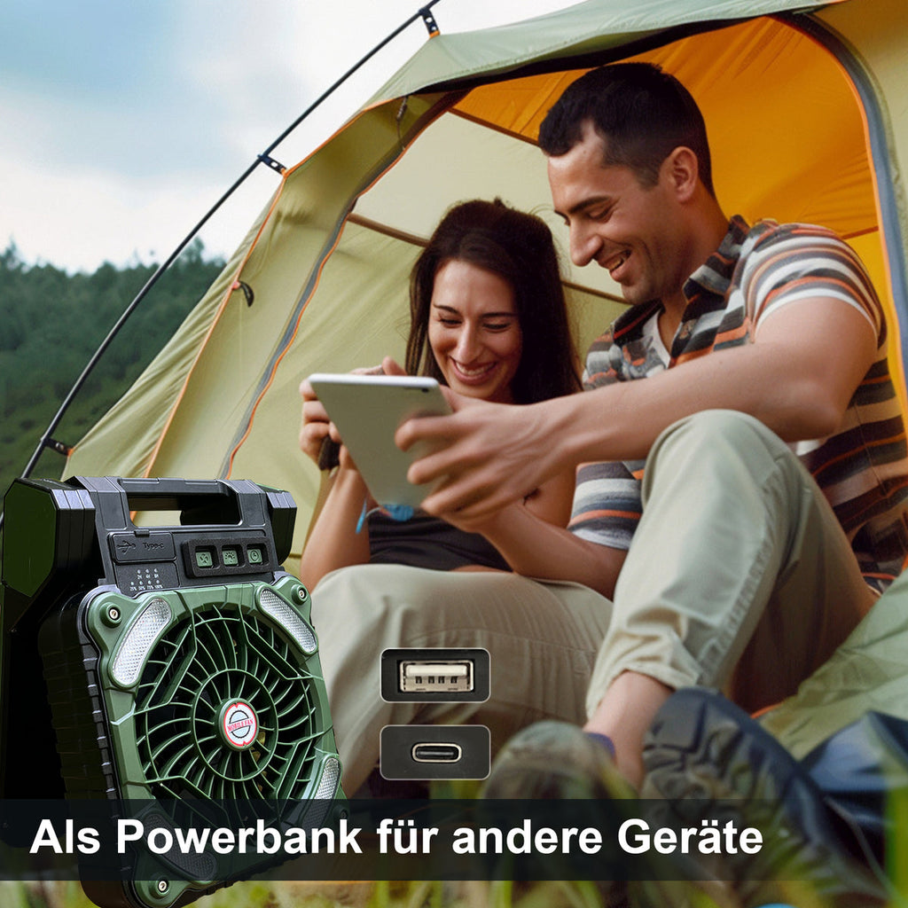 Couple inside a tent using a tablet with a power bank in the foreground.