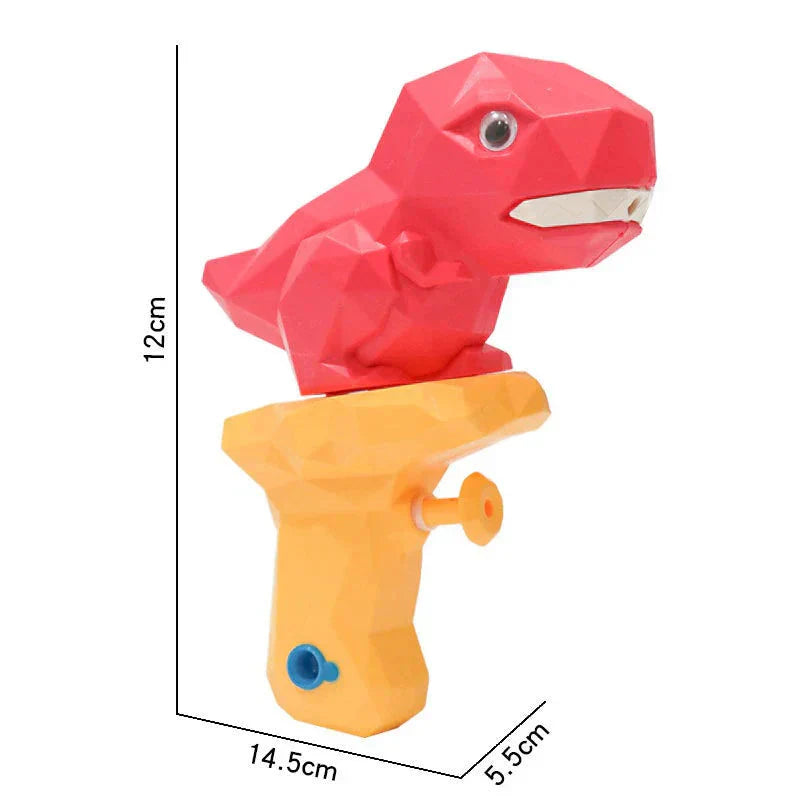 Dinosaur-shaped water gun with measurements on a white background